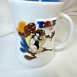 Taz Tasmanian Devil Mug Six Flags White Blue Collectors Warner Bro Raised Taz